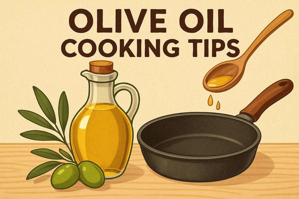 An illustrated graphic titled "Olive Oil Cooking Tips" featuring a bottle of olive oil, olives, a skillet, and a spoon dripping oil.
