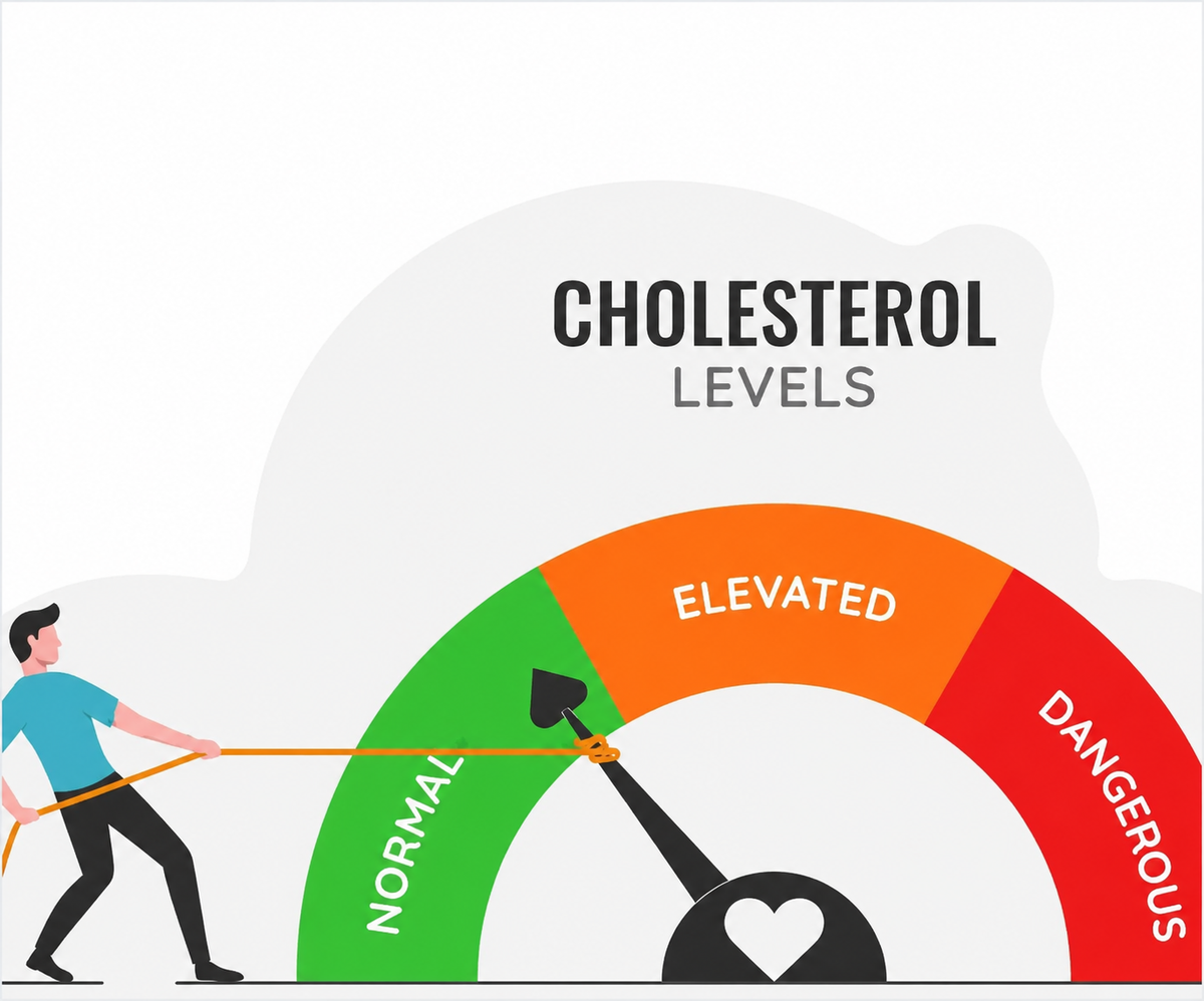 Illustration of a cholesterol level gauge with a normal, elevated, and dangerous levels and a person pulling the needle into the normal range.