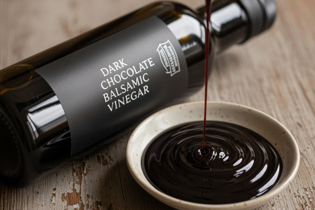 A bottle of dark chocolate balsamic vinegar beside a bowl of glossy dark balsamic glaze being poured into the bowl.