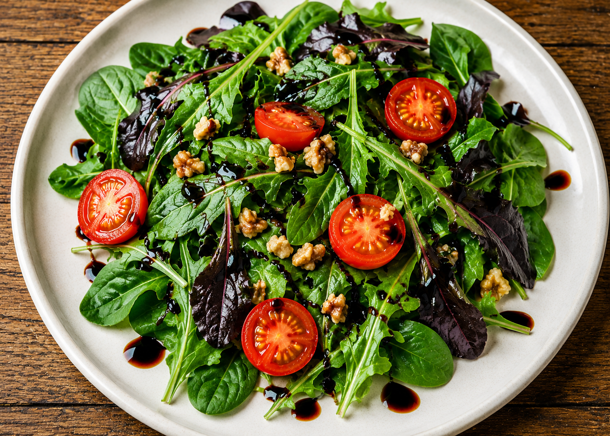 Mixed greens with tomatos, walnuts and a balsamic vinegar drizzle.