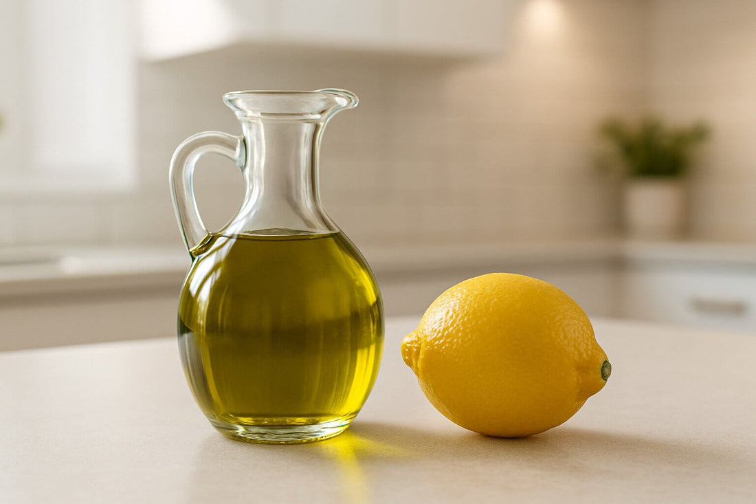 A glass pitcher of olive oil next to a lemon on a light-colored countertop.