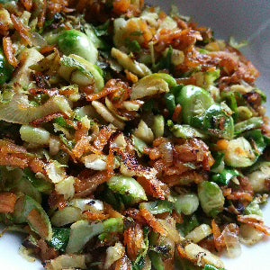 A hash of brussels sprouts and crispy sweet potatoes 