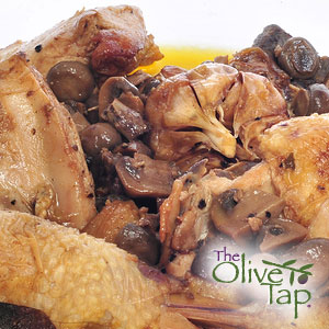 Chicken quarters with porcini mushrooms with a white background. 