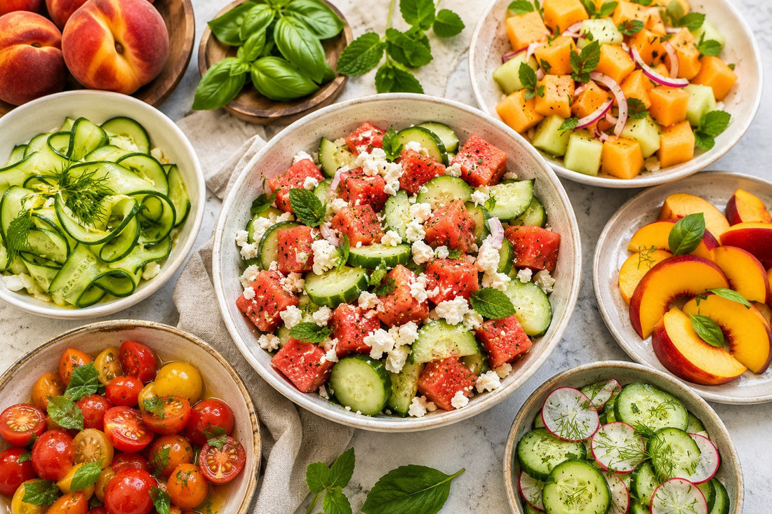 An assortment of fruits and veggies in bowls and plates including watermelon, tomatoes, cucumbers and more.