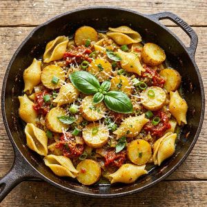 Shell Pasta with potato rounds, tomatoes and scallions in a cast iron skiller