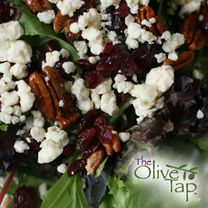 Mixed greens salad topped with crumbled feta cheese, dried cranberries, and toasted pecans, creating a colorful blend of sweet, savory, and crunchy flavors.