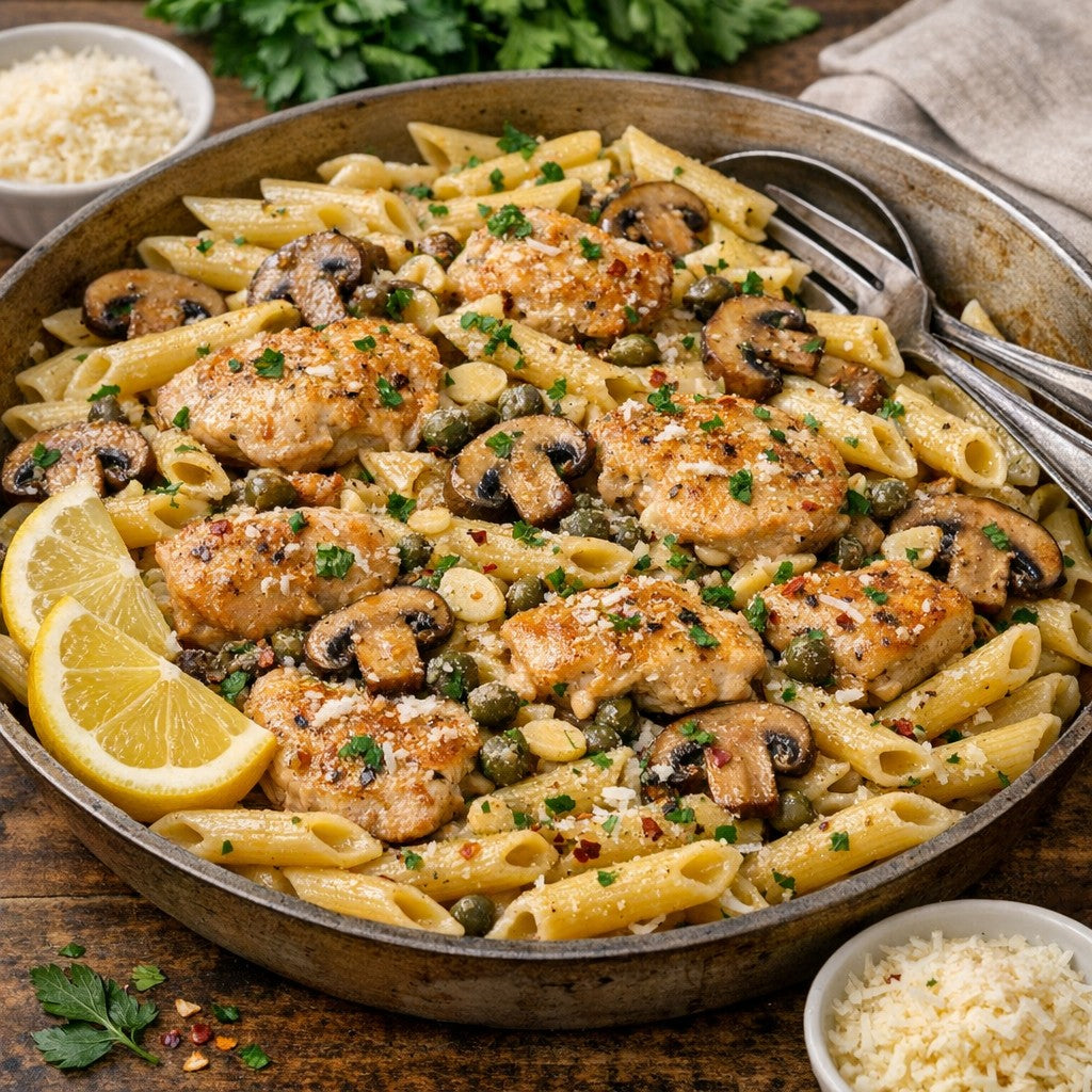 Chicken pieces, mushrooms, capers. and penne pasta garnished with chopped parsley and lemon wedges served in a metal bowl with a fork and spoon on a wooden surface and surrounded by bowls of parmesan cheese and fresh herbs.