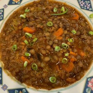 A bowl of lentil soup with carrot pieces, topped with sliced green onions in a decorative bowl.