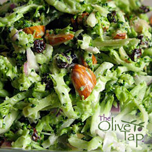 Crunchy broccoli salad made with fresh broccoli florets, craisins, almonds, and a creamy sesame dressing.