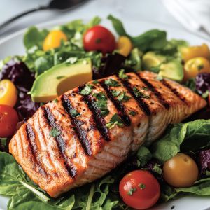A grilled piece of salmon with a balsamic glaze on a bed of leafy greens with cherry tomatoes and sliced avocado, garnished with fresh parsley on a white plate.