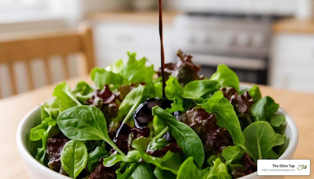 A bowl of mixed leafy greens with dark balsamic glaze being drizzled over the salad.