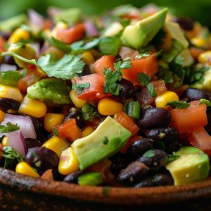 A close-up of a black bean salad with red onion, tomatoes, corn, avocado, and cilantro in a wooden bowl.