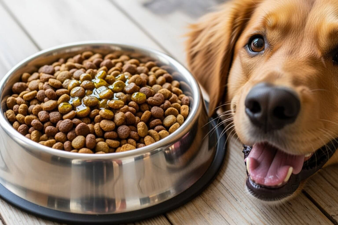 A metal bowl filled with dog food, topped with olive oil, next to a dog's dace on a wooden table.