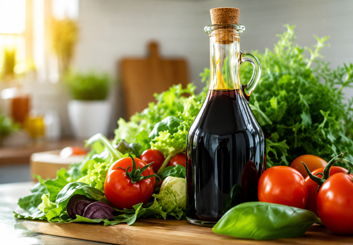 A bottle of balsamic vinegar next to a pile of leafy greens, tomatoes, and fresh basil on a countertop.