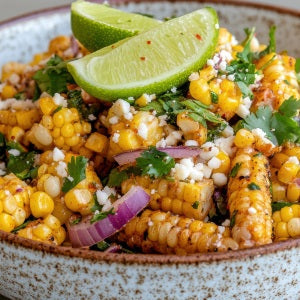 Close-up of a roasted corn salad topped with crumbled cheese, red onion, fresh cilantro, and lime wedges, served in a rustic ceramic bowl.