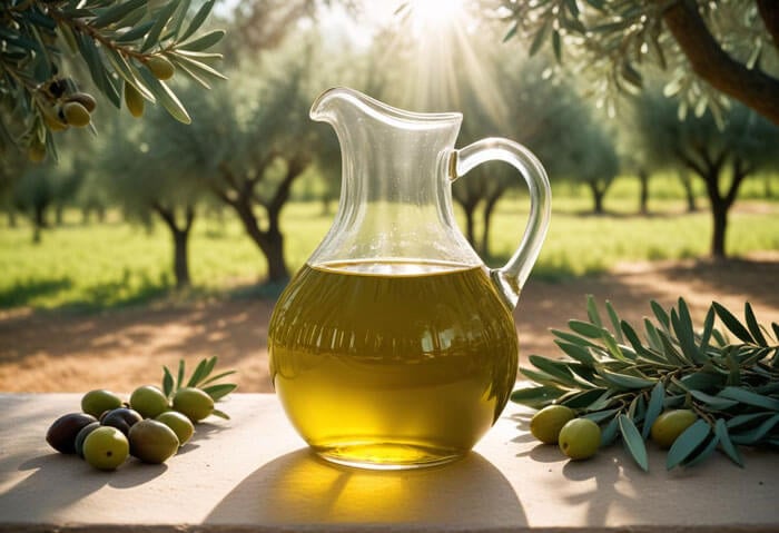 A glass pitcher of olive oil on a light surface next to olives and their leaves with a background of trees, grass, and a dirt path.