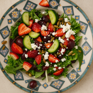 Fresh mixed greens topped with sliced strawberries, cucumber, red grapes, crumbled feta cheese, pumpkin seeds, and red onion, served on a decorative plate.
