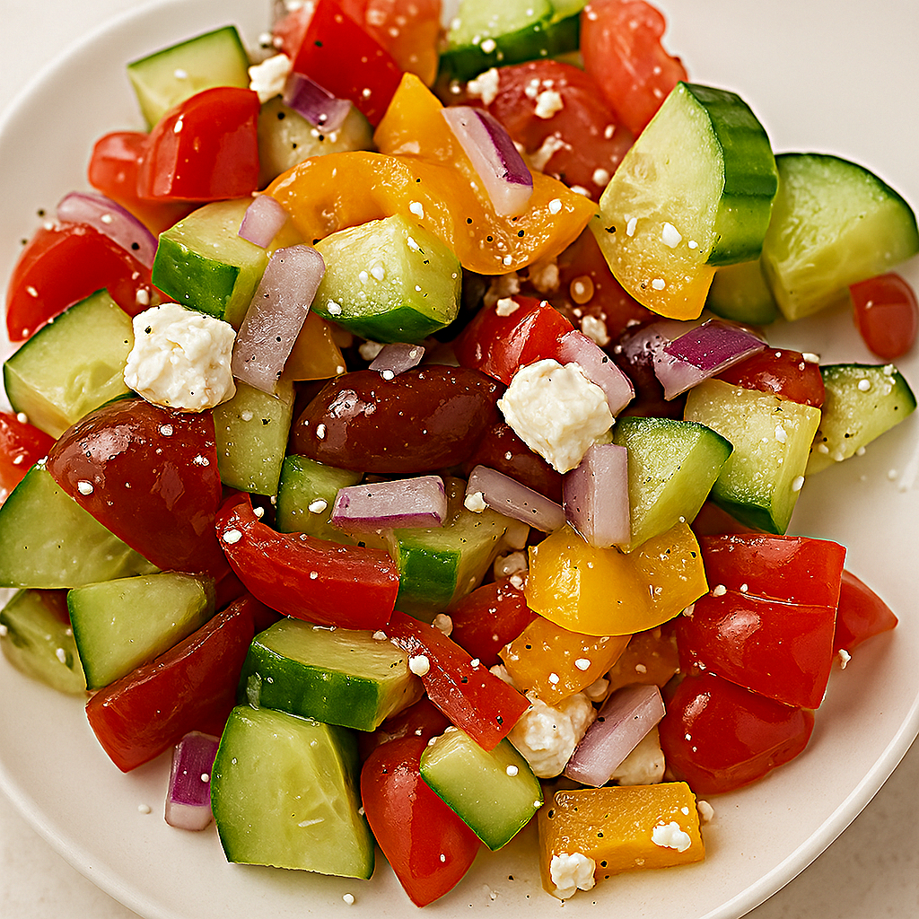 A salad of cucumber, cherry tomatoes, red onion, kalamata olives, topped with feta cheese.