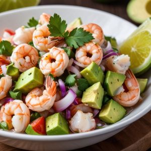 A salad of shrimp, avocado chunks, red onion, fresh parsley and a lime wedge in a white bowl.