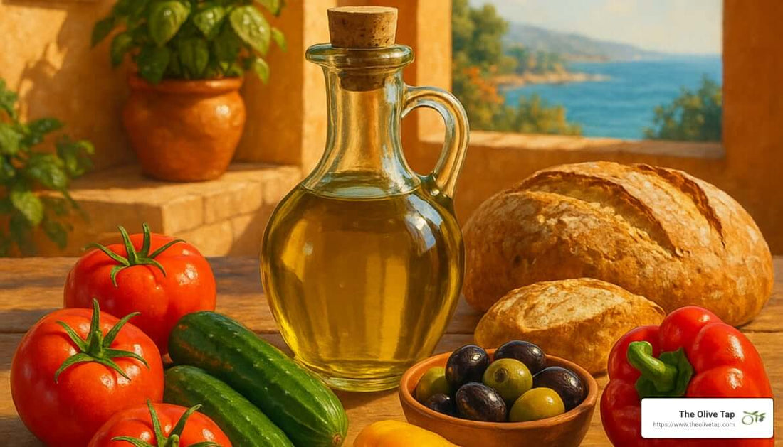 A corked glass pitcher of olive oil on a table with tomatoes, cucumbers, olives, red pepper, and loaf of bread with potted plants and a sea in the background.