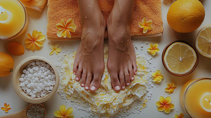 Bare feet touching a foot scrub, surrounded by oranges and orange flowers.