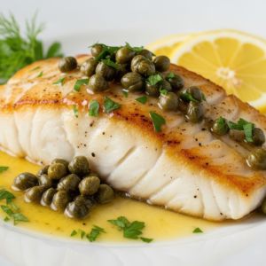 Pan-seared white fish fillet topped with capers and fresh herbs, served in a buttery lemon sauce with lemon wedges in the background.