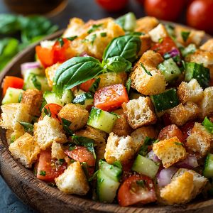 A salad of toasted bread cubes, tomatoes, cucumber, and fresh basil, served in a brown bowl.