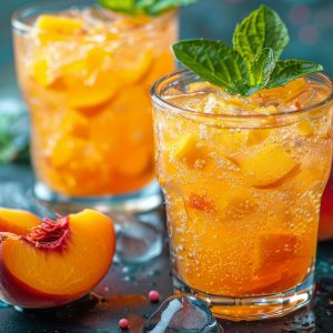 Two glasses of spritzers with peach chunks inside, garnished with fresh mint, next to a fresh peach wedge.