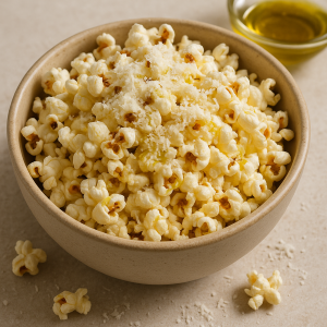 Bowl of truffle Parmesan popcorn topped with grated Parmesan cheese, with a small dish of olive oil nearby for drizzling.