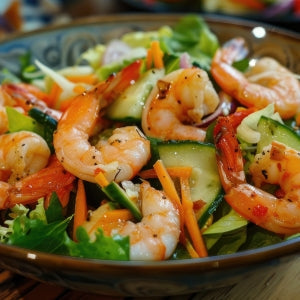 Fresh shrimp salad featuring shrimp, sliced cucumbers, shredded carrots, and mixed greens tossed together in a colorful bowl.