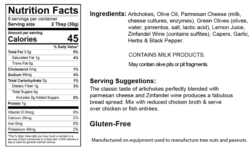Nutrition facts label for The Olive Tap's Artichoke Parmesan Tapenade that includes an ingredients list, serving suggestions, gluten-free label, contains milk warning, olive pit fragment warning, and manufacturing equipment warning on a white background with black writing.