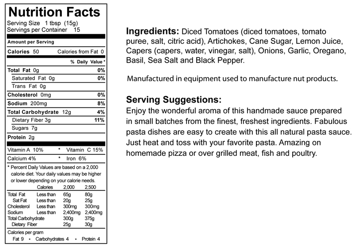 Nutrition facts label , ingredients list, and serving suggestions for The Olive Tap Artichoke Pasta Sauce on a white background.
