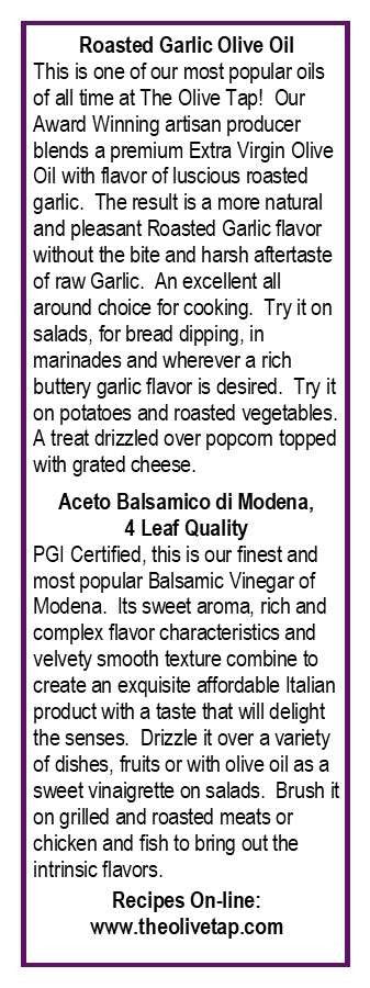 Best Sellers Insert from The Olive Tap: A description of the olive oil and a description of the balsamic vinegar that are included in the box in black writing and white background with a purple frame around the descriptions.