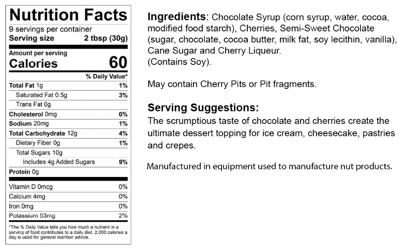 Nutrition facts label for The Olive Tap's Black Forest Chocolate Liqueur Sauce that includes an ingredients list, serving suggestions, and manufacturing equipment warning on a white background with black writing.