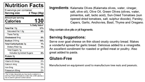 Nutrition facts label for The Olive Tap's Black and Green Olive Tapenade that includes an ingredients list, serving suggestions, and manufacturing equipment warning, olive fragment warning, gluten-free label, on a white background with black writing.