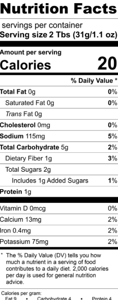 Nutrition facts label for The Olive Tap's Blazin' Habanero Salsa with serving size, calories, and nutritional content on a white background with black writing.