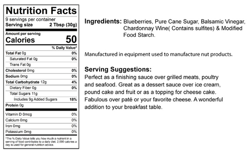 Nutrition facts label for The Olive Tap's Blueberry Chardonnay Balsamic Glaze that includes an ingredients list, serving suggestions, and manufacturing equipment warning on a white background with black writing.