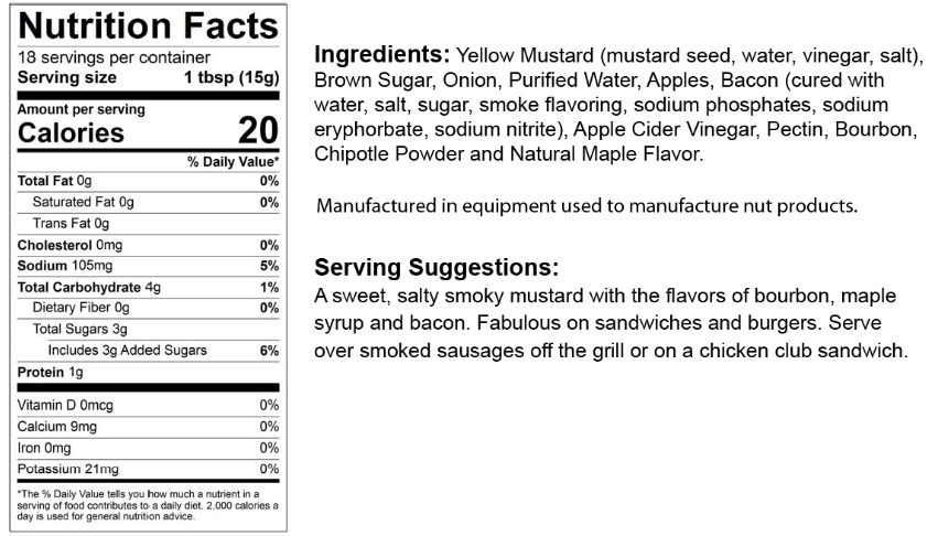 Nutrition facts label for The Olive Tap's Bourbon Back Mustard that includes an ingredients list, serving suggestions, and manufacturing equipment warning on a white background with black writing.