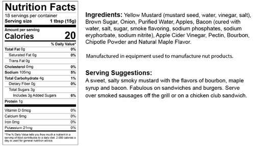 Nutrition facts label for The Olive Tap's Bourbon Back Mustard that includes an ingredients list, serving suggestions, and manufacturing equipment warning on a white background with black writing.