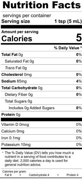 Nutrition facts label for The Olive Tap's Champagne Dill Mustard with serving size of 1 tsp and 5 calories per serving.