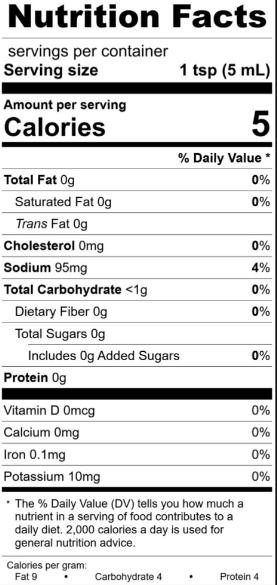 Nutrition facts label for The Olive Tap's Chipotle Mustard with serving size of 1 tsp and 5 calories per serving.