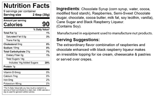 Nutrition facts label for The Olive Tap's Chocolate Raspberry Liqueur Sauce that includes an ingredients list, serving suggestions, and manufacturing equipment warning on a white background with black writing.