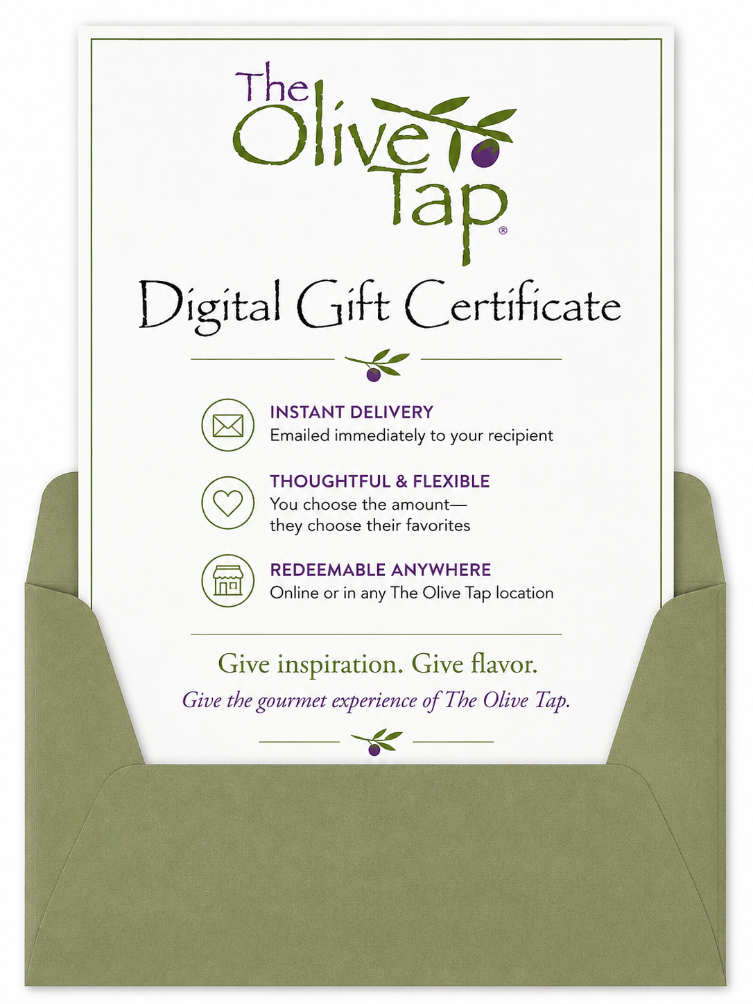 Digital Gift Certificate for The Olive Tap popping out of a green envelope