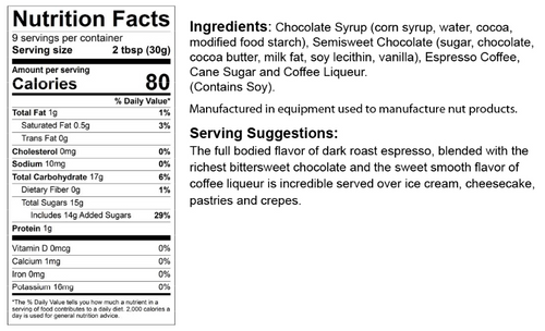Nutrition facts label for The Olive Tap's Espresso Chocolate Liqueur Sauce that includes an ingredients list, serving suggestions, and manufacturing equipment warning on a white background with black writing.