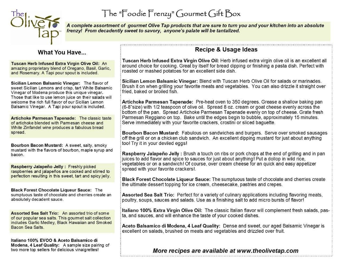 Foodie Frenzy Gourmet Gift Box Insert from The Olive Tap that includes what products are inside of the box and their descriptions, and recipe and usage ideas.
