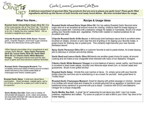 Garlic Lovers Gift Box Insert from The Olive Tap listing which products are included, including their descriptions, and recipe and usage ideas.