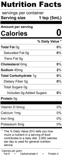 Nutrition facts label for The Olive Tap's Good and Evil Hot Sauce with a white background and black writing.
