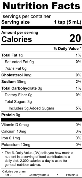 Nutrition facts label for The Olive Tap's Habanero Honey Mustard with 20 calories per serving for 1 tsp.