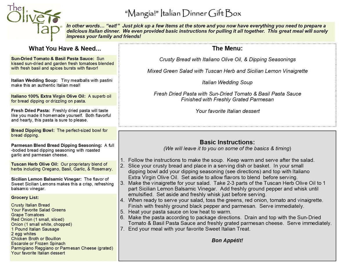 Mangia Italian Dinner Insert from The Olive Tap that includes a list of included products and what is needed for each one, a grocery list, the menu, and basic instructions.
