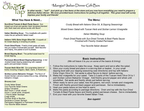 Mangia Italian Dinner Insert from The Olive Tap that includes a list of included products and what is needed for each one, a grocery list, the menu, and basic instructions.
